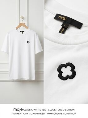 Maje White Crewneck Tee with Black Clover Emblem